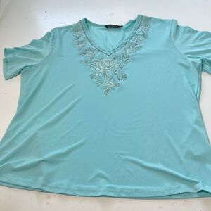 Bm Medium Blue Short Sleeve V Neck Embroidered Floral Blouse